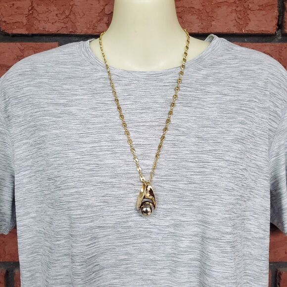 14K Gold Plated Necklace 23" 5mm Puffed Mariner 2 Tone Teardrop Ball Pendant - Picture 7 of 10